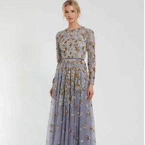 Mac Duggal Platinum Floral Beaded Long Sleeve Dress NWT Size 12